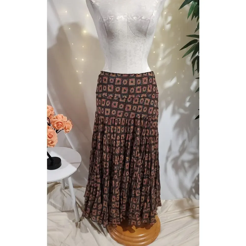 Vtg Jones New York 100% Silk Boho Floral Print Tiered Maxi Hippie Skirt Size 8 - Picture 2 of 11